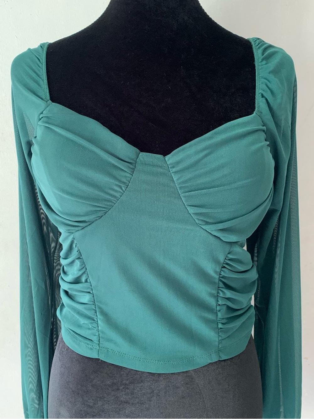 Coquette New Mode USA Green Long Sleeve Mesh  Top Sweetheart Ruched Size L Large